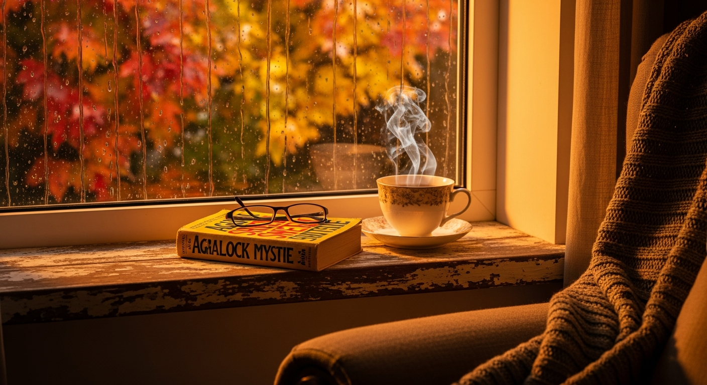 Cozy mystery reading scene