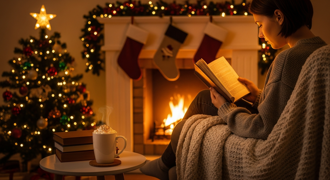 Cozy winter reading by fireplace
